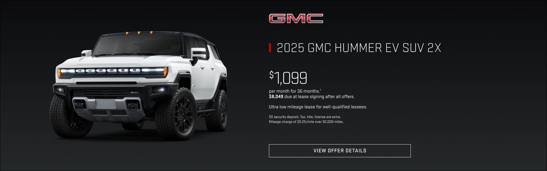 $1,099 per month. For 36 months.1
$8,049 due at lease signing after all offers. 

Ultra low milea...